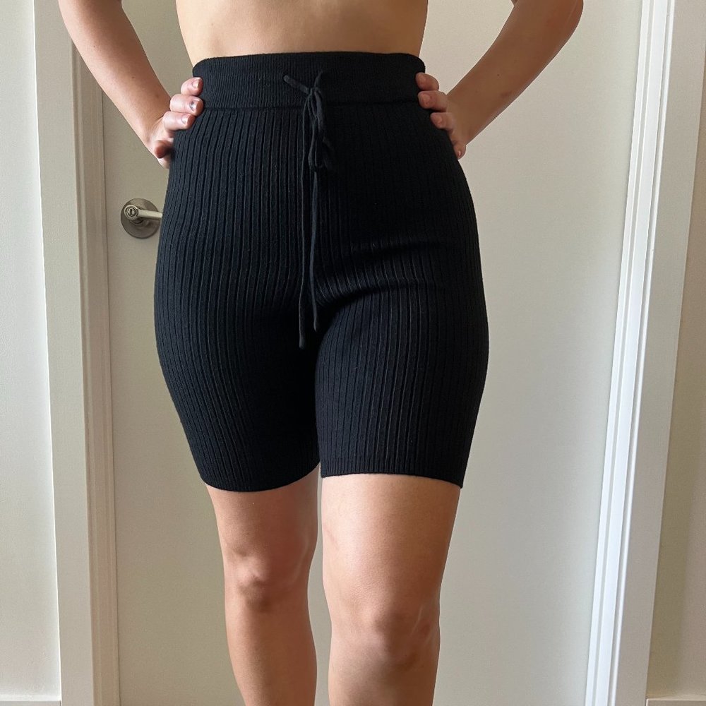 Meshki High Waisted Knit Biker Shorts, Size Small, Black